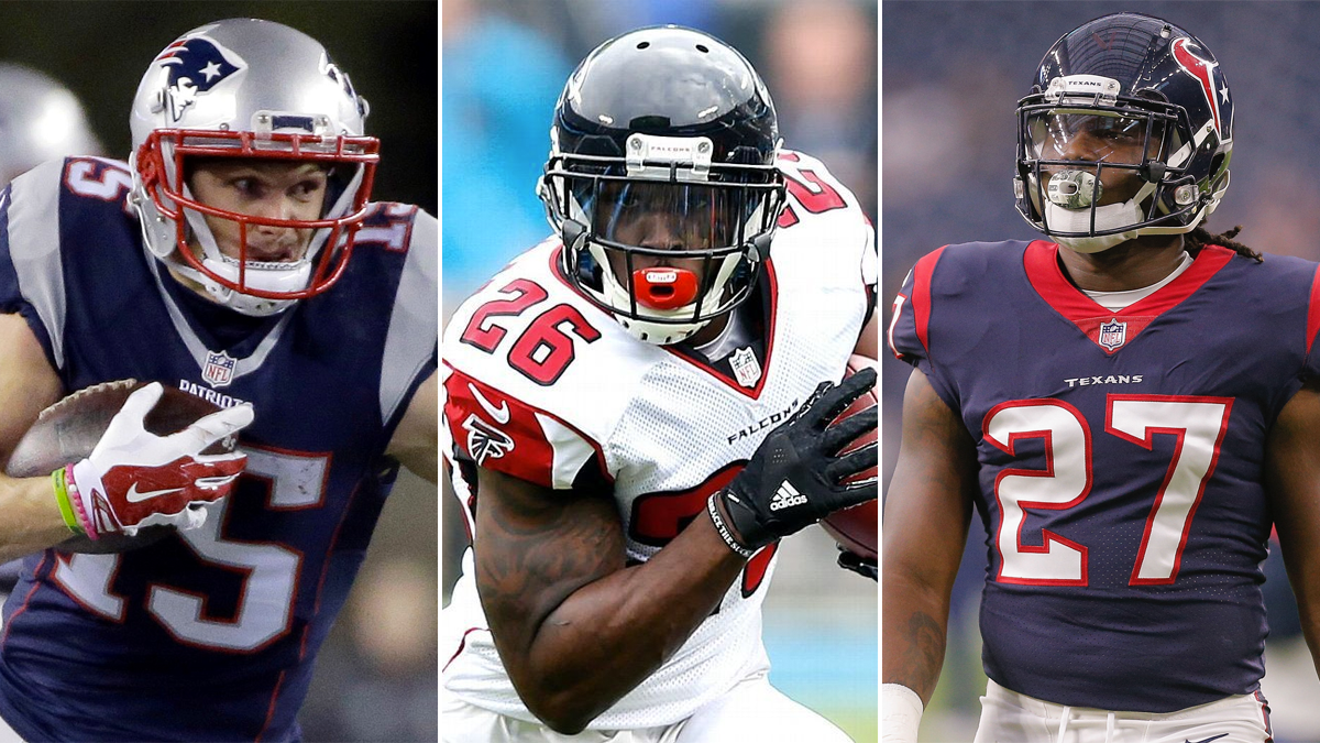 Wide receiver Chris Hogan (left), running back Tevin Coleman (middle), and running back D'Onta Foreman (right) were involved in a three-team trade between the Ecaudor Ewoks, Ukraine Grainers and Wake Island Wookiees.